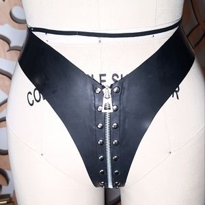 Heavy Rubber Latex Goth Metal Fetish Studded Zip High Waist Thong